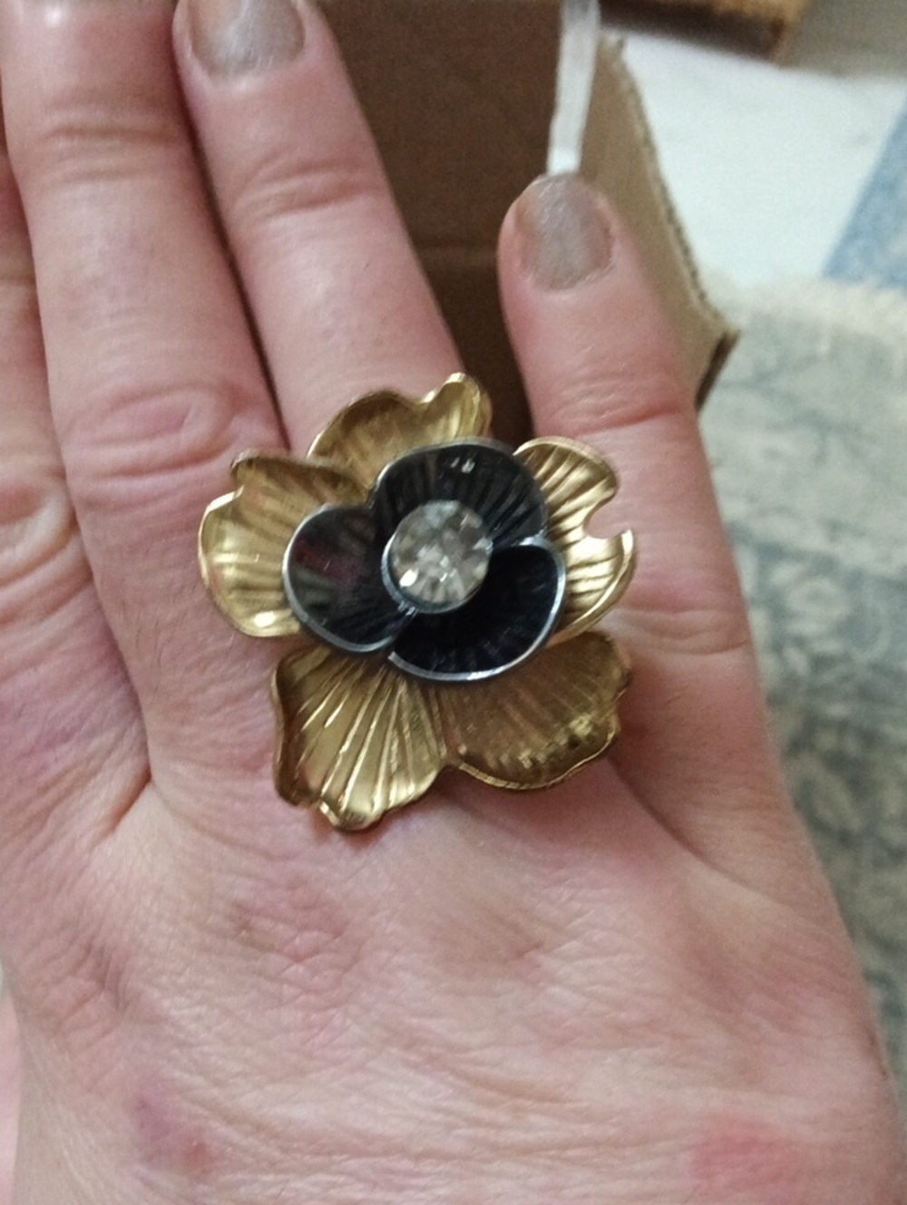 Vintage Gold and Black Floral Ring with Clear Center Stone